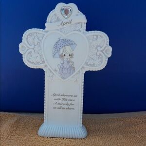 Vintage April Precious Moments Decorative Cross with Heart Design